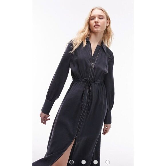 ASOS Topshop Sz 2 Dress Blue Long Sleeve Front Zip Utility Contrast Stitch NWT - Picture 2 of 12